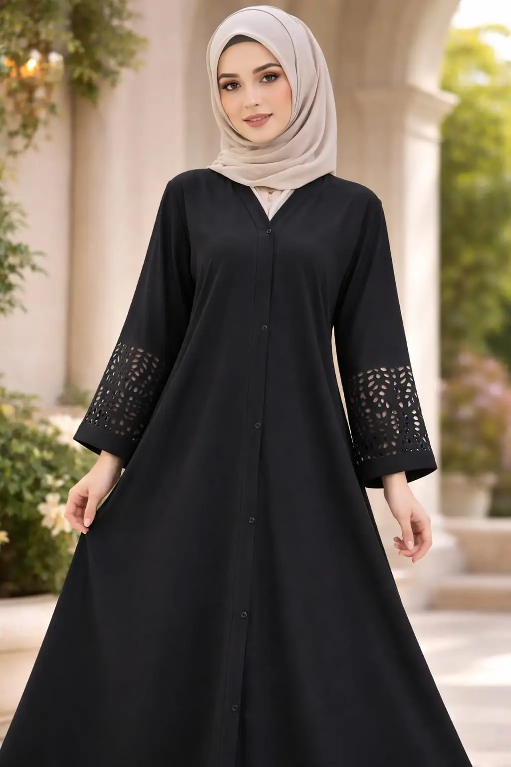 Black front open Georgette abaya with stylish laser-cut sleeves and modest loose fit by hoorhijabnabayas