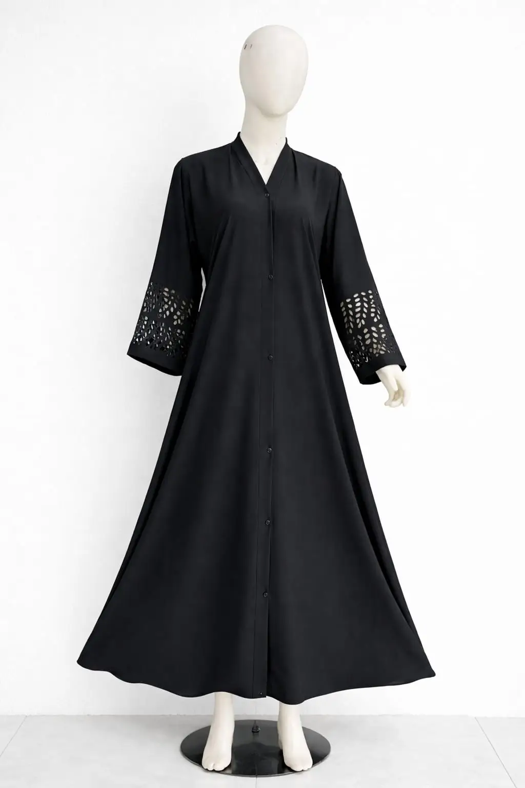 Full length black Georgette plain abaya displayed on mannequin, elegant modest wear by hoorhijabnabayas