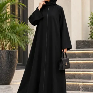 Black nida full abaya with front zipper design and wide sleeves, elegant modest Islamic wear by hoorhijabnabayas