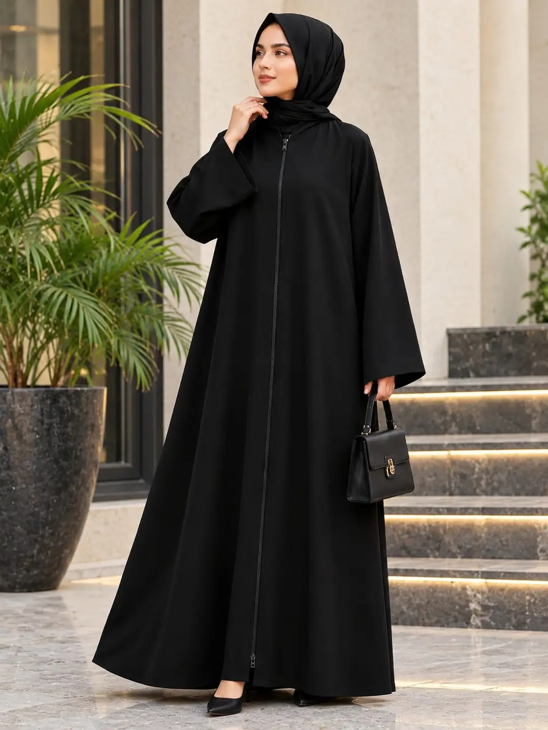 Black nida full abaya with front zipper design and wide sleeves, elegant modest Islamic wear by hoorhijabnabayas