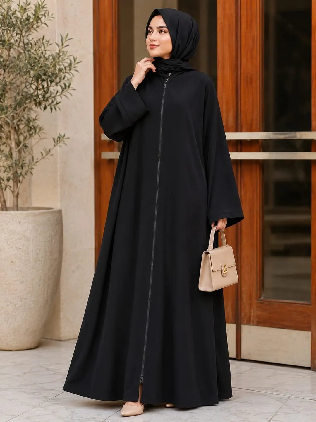 Luxury black nida abaya with loose fit, simple front zip closure and elegant everyday modest outfit by hoorhijabnabayas