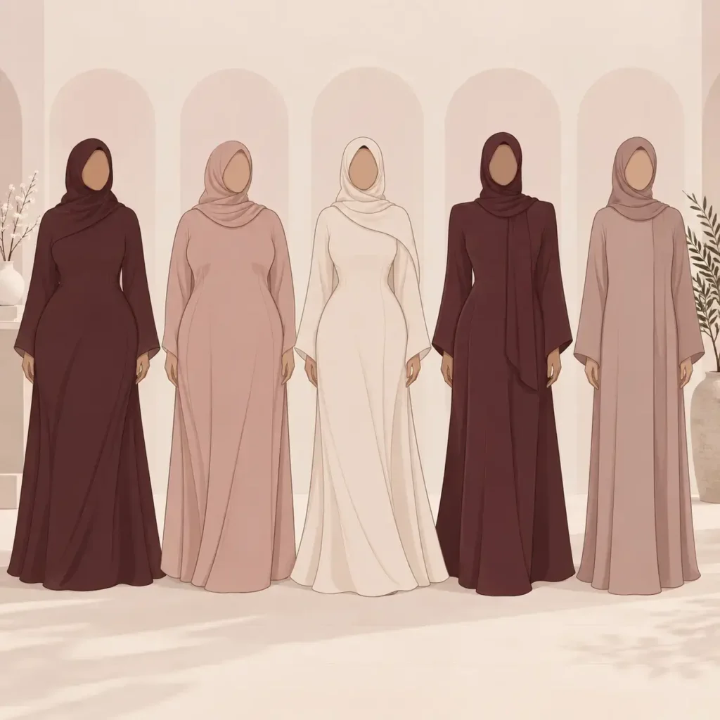 lustration showing pear, apple, hourglass, inverted triangle, and rectangle body shapes each styled in a flowing abaya