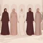 lustration showing pear, apple, hourglass, inverted triangle, and rectangle body shapes each styled in a flowing abaya