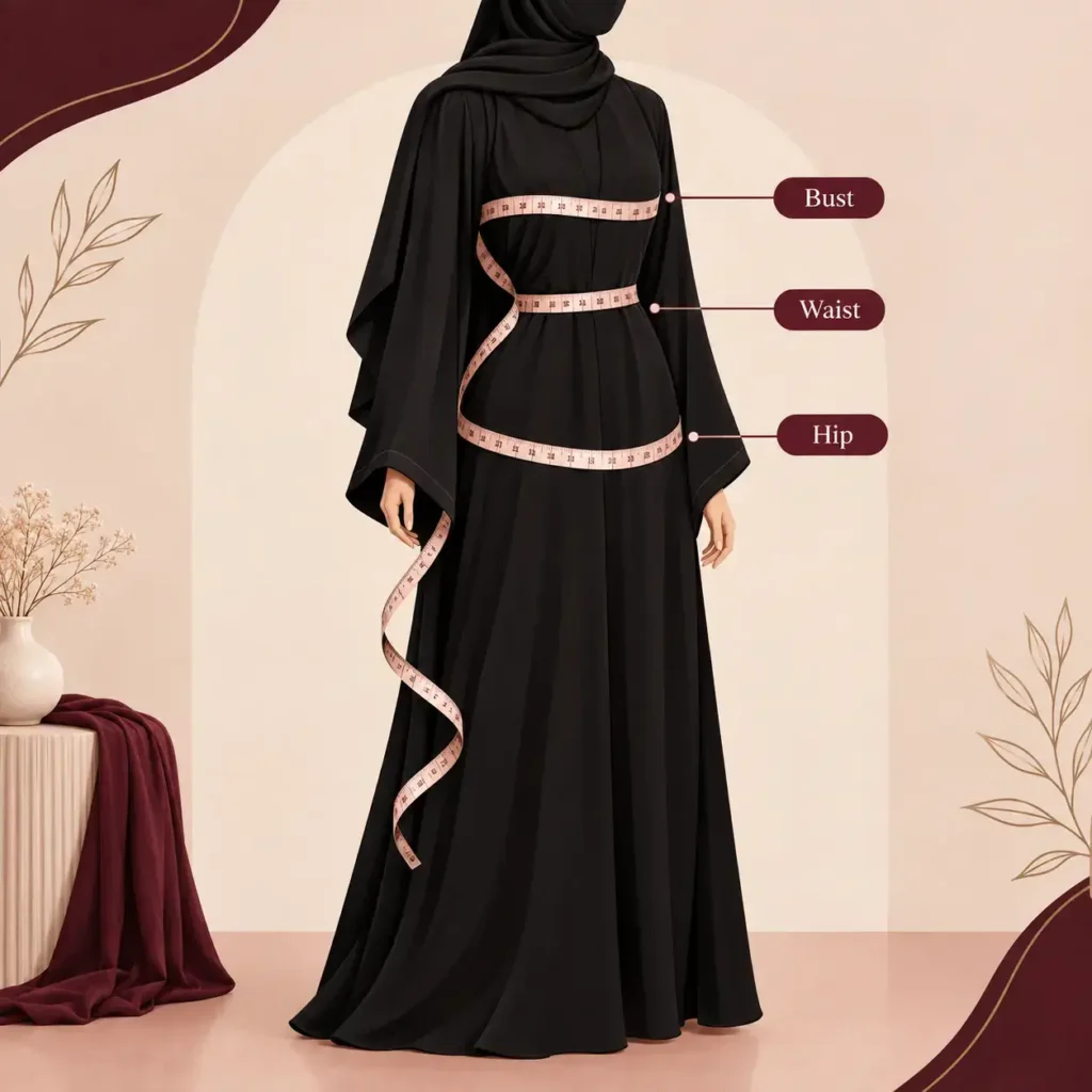 Hoor Hijab & Abayas size guide illustration showing how to measure bust, waist, and hip for an abaya