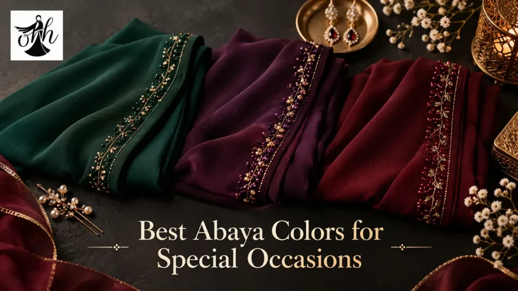 Emerald green, deep plum, and wine abaya fabrics with gold embellishments, Hoor Hijab & Abayas logo, and text reading Best Abaya Colors for Special Occasions.