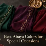 Emerald green, deep plum, and wine abaya fabrics with gold embellishments, Hoor Hijab & Abayas logo, and text reading Best Abaya Colors for Special Occasions.