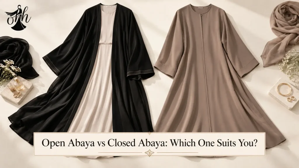 Open Abaya vs Closed Abaya comparison featuring a black open front abaya over a cream dress and a taupe closed abaya by Hoor Hijab and Abayas.
