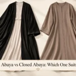 Open Abaya vs Closed Abaya comparison featuring a black open front abaya over a cream dress and a taupe closed abaya by Hoor Hijab and Abayas.