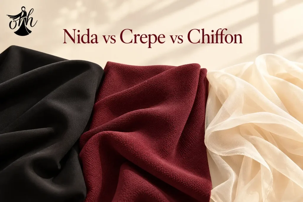 Hoor Hijab & Abayas fabric guide showing Nida, crepe, and chiffon swatches side by side