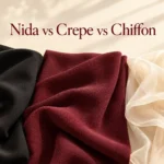 Hoor Hijab & Abayas fabric guide showing Nida, crepe, and chiffon swatches side by side